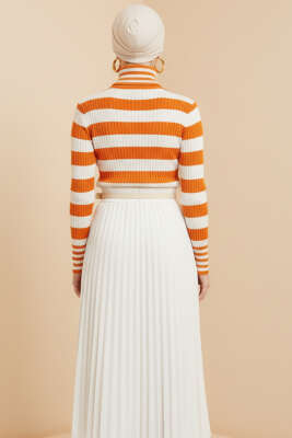 Çizgili Balıkçı Yaka Detaylı Triko Kazak Oranj - Yılın Fırsatı