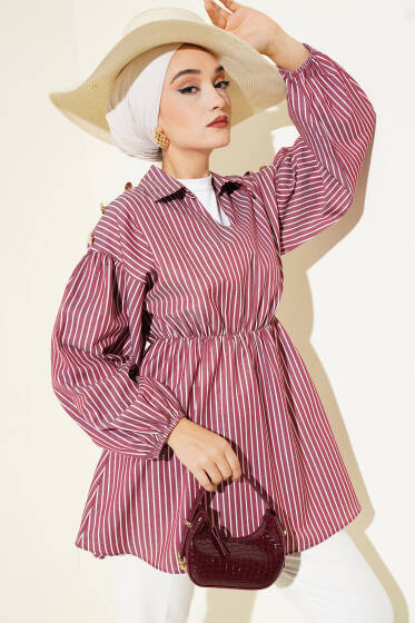 Çizgili Balon Kol Bel Lastikli Tunik Bordo - Tunik