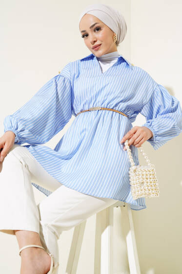 Çizgili Balon Kol Bel Lastikli Tunik Mavi - Tunik