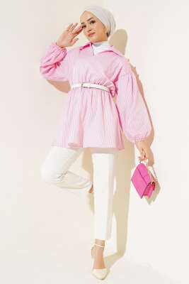 Çizgili Balon Kol Bel Lastikli Tunik Pembe - 300-500 TL Ürünler