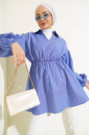 Çizgili Balon Kol Bel Lastikli Tunik Saks - Tunik