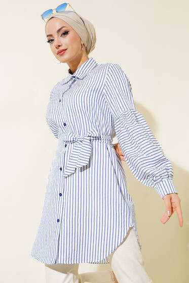 Çizgili Balon Kol Tunik Beyaz İndigo - Tunik