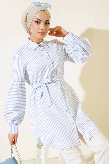 Çizgili Balon Kol Tunik Beyaz Mavi - Tunik