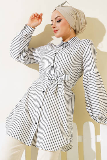 Çizgili Balon Kol Tunik Ekru Siyah - Tunik