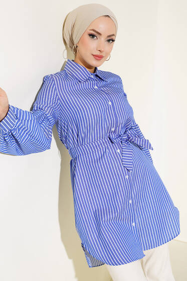 Çizgili Balon Kol Tunik İndigo - Tunik