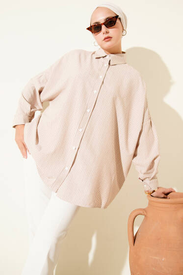 Çizgili Basic Oversize Gömlek Bej - Gömlek