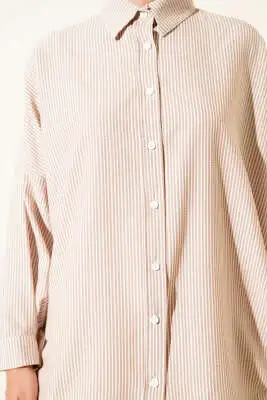 Çizgili Basic Oversize Gömlek Bej - Gömlek