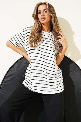 Çizgili Basic Oversize T-shirt Beyaz - Kadın Giyim Modelleri