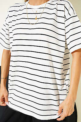 Çizgili Basic Oversize T-shirt Beyaz - Kadın Giyim Modelleri