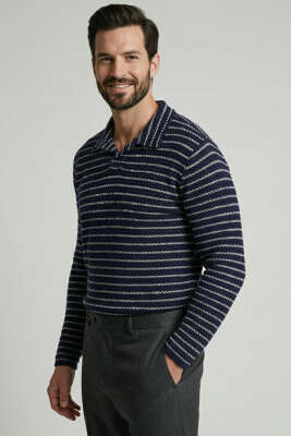 Çizgili Baskılı Erkek Triko Kazak Lacivert - WİPEOUT