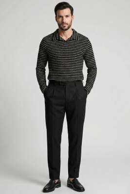 Çizgili Baskılı Erkek Triko Kazak Siyah - Erkek Kazak