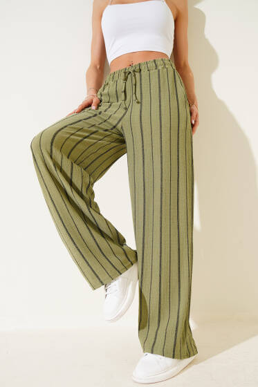 Çizgili Bel Lastikli Bürümcük Pantolon Çağla Yeşili - Kadın Giyim Modelleri