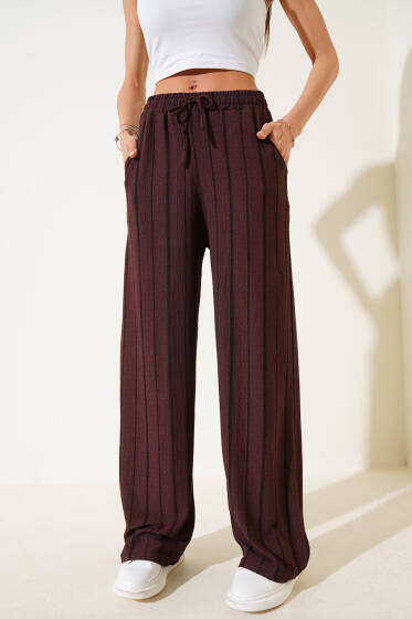 Çizgili Bel Lastikli Bürümcük Pantolon Kahve - Kadın Giyim Modelleri