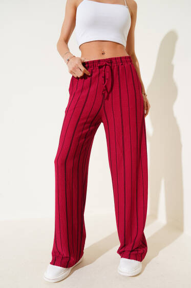 Çizgili Bel Lastikli Bürümcük Pantolon Vişne - Kadın Giyim Modelleri