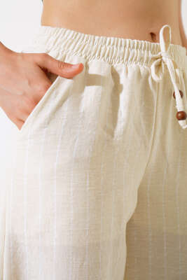 Çizgili Bel Lastikli Keten Pantolon Ekru - Kadın Giyim Modelleri