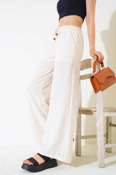 Çizgili Bel Lastikli Keten Pantolon Ekru - Kadın Giyim Modelleri