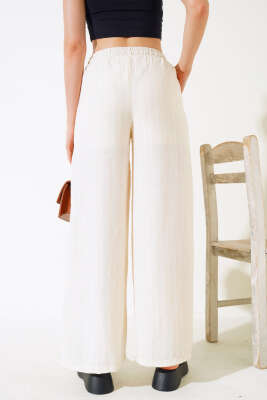 Çizgili Bel Lastikli Keten Pantolon Ekru - Kadın Giyim Modelleri