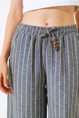 Çizgili Bel Lastikli Keten Pantolon Siyah - Kadın Giyim Modelleri