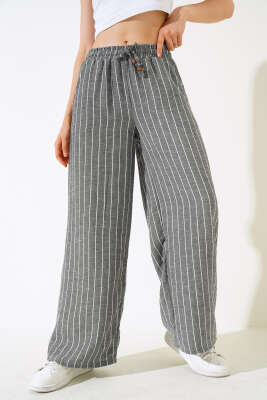 Çizgili Bel Lastikli Keten Pantolon Siyah - Kadın Giyim Modelleri