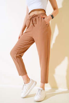 Çizgili Bel Lastikli Pantolon Latte - Kadın Giyim Modelleri