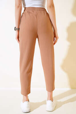 Çizgili Bel Lastikli Pantolon Latte - Kadın Giyim Modelleri