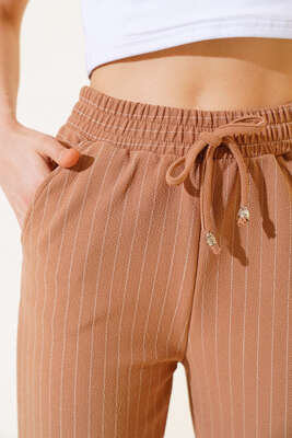 Çizgili Bel Lastikli Pantolon Latte - Kadın Giyim Modelleri