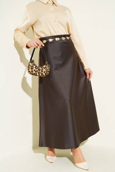 Çizgili Bel Lastikli Saten Etek Kahve - Etek