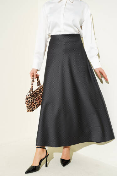 Çizgili Bel Lastikli Saten Etek Siyah - Etek