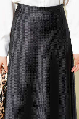 Çizgili Bel Lastikli Saten Etek Siyah - Etek