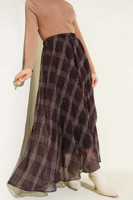 Çizgili Bel Lastikli Şifon Etek Acı Kahve - VAV TEKSTİL