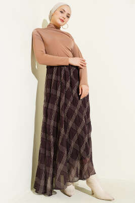 Çizgili Bel Lastikli Şifon Etek Acı Kahve - Etek