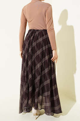 Çizgili Bel Lastikli Şifon Etek Acı Kahve - Etek