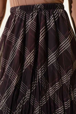 Çizgili Bel Lastikli Şifon Etek Acı Kahve - Etek