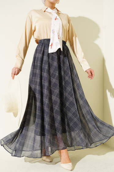 Çizgili Bel Lastikli Şifon Etek Füme - Etek