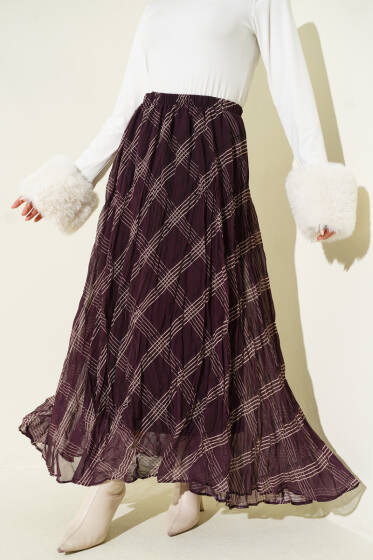 Çizgili Bel Lastikli Şifon Etek Mor - Etek