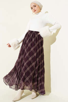 Çizgili Bel Lastikli Şifon Etek Mor - Etek