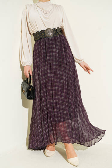 Çizgili Bel Lastikli Şifon Etek Mürdüm - Etek