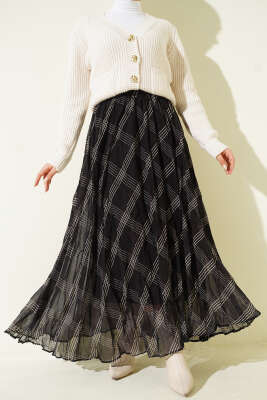 Çizgili Bel Lastikli Şifon Etek Siyah - VAV TEKSTİL