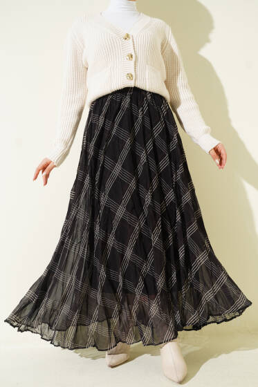 Çizgili Bel Lastikli Şifon Etek Siyah - Etek