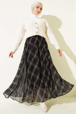 Çizgili Bel Lastikli Şifon Etek Siyah - Etek