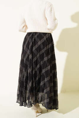 Çizgili Bel Lastikli Şifon Etek Siyah - Etek