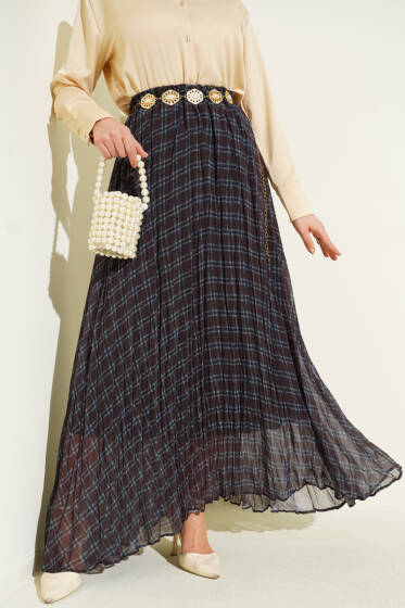 Çizgili Bel Lastikli Şifon Etek Siyah Mavi - Etek