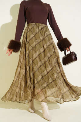 Çizgili Bel Lastikli Şifon Etek Yeşil - VAV TEKSTİL