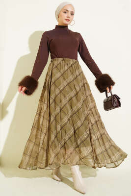 Çizgili Bel Lastikli Şifon Etek Yeşil - Etek