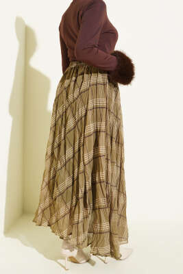 Çizgili Bel Lastikli Şifon Etek Yeşil - Etek