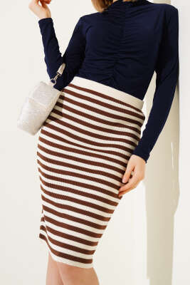 Çizgili Bel Lastikli Triko Midi Etek Bej - Kadın Giyim Modelleri