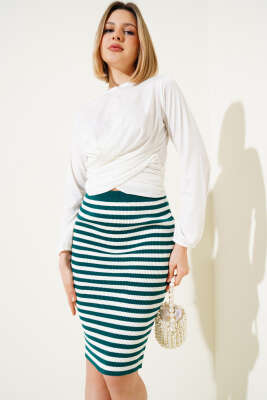 Çizgili Bel Lastikli Triko Midi Etek Zümrüt - PUDRA OFFICIAL