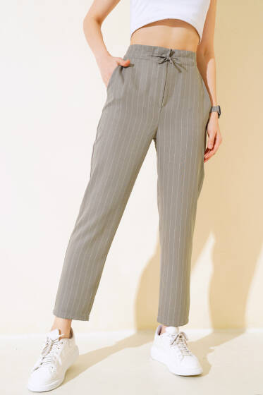 Çizgili Bel Tünelli Pantolon Gri - Kadın Giyim Modelleri