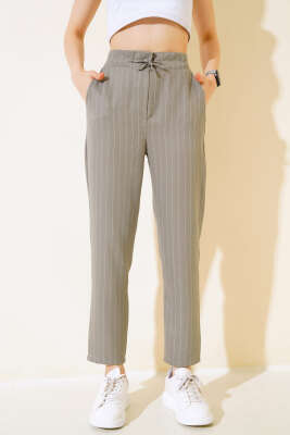 Çizgili Bel Tünelli Pantolon Gri - Kadın Giyim Modelleri