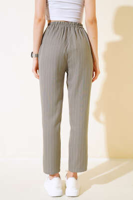 Çizgili Bel Tünelli Pantolon Gri - Kadın Giyim Modelleri